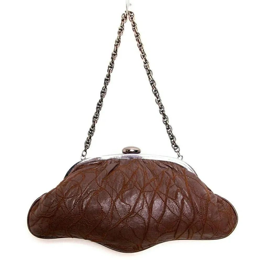 INGE PATCHWORK BROWN GENUINE LEATHER FRAME CHAIN HANDBAG SHOULDER BAG CLUTCH